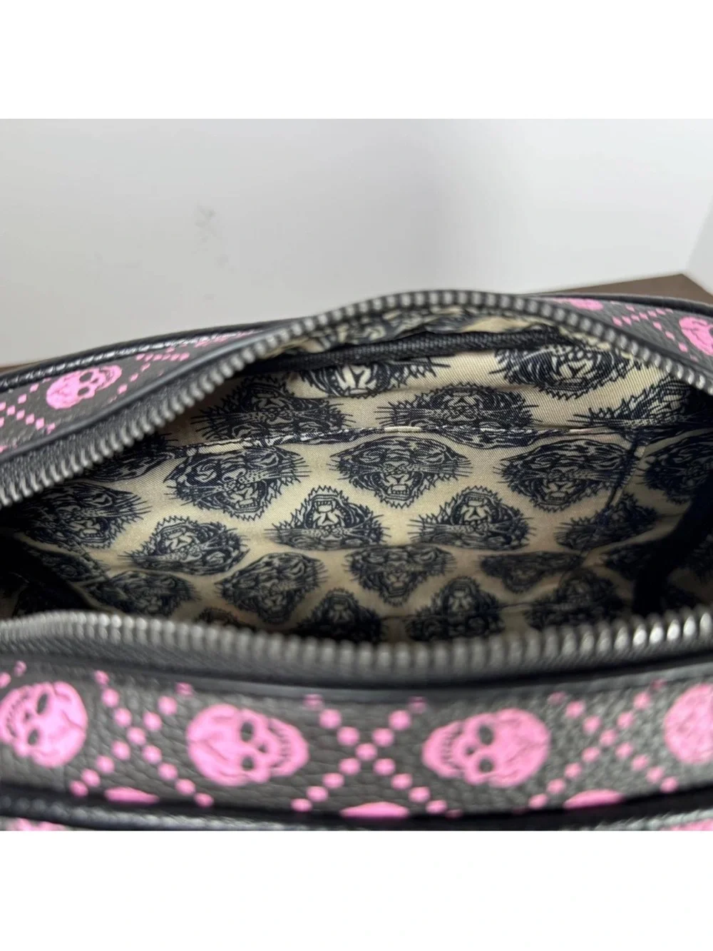 Ed Hardy Black and Pink Rhinestone Skull Satchel